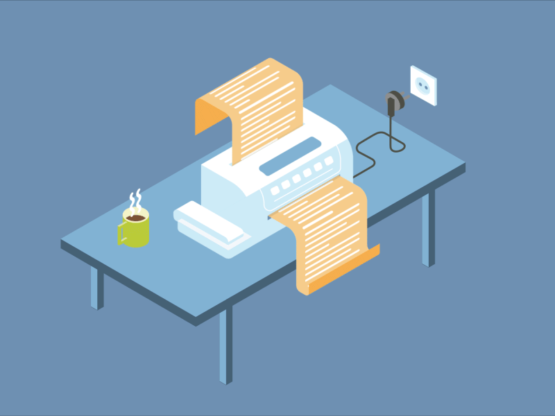 Animated illustration of a printer printing documents